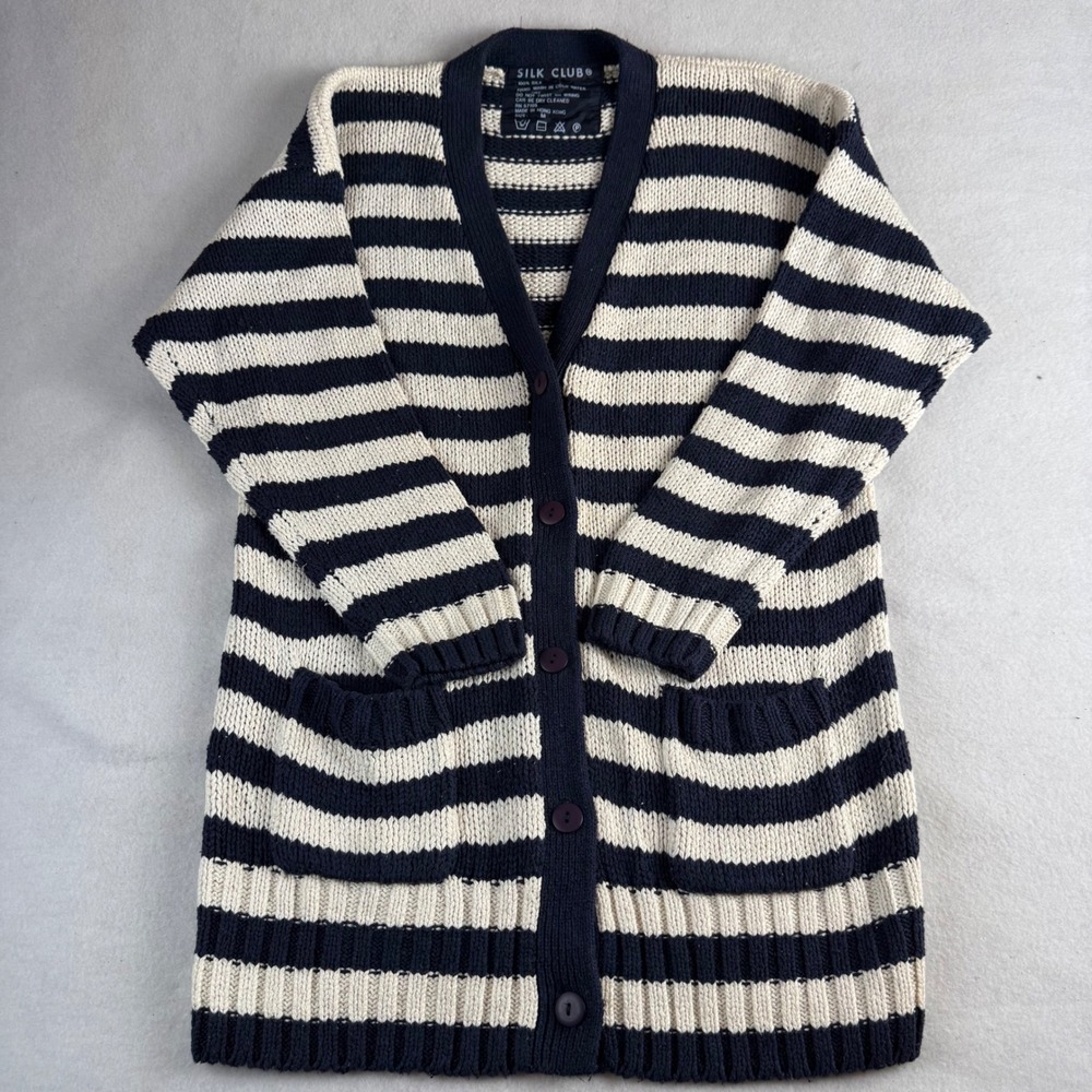 Silk Club Vintage 100% Silk Striped Cardigan Sweater‎ Navy Cream Womens Medium